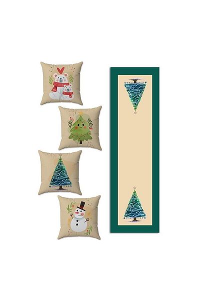Evmila New Year's Themed 4-Piece Throw Pillow Cover and Runner 5-Piece Set