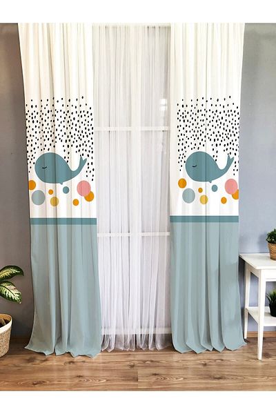 Evmila White Single Wing Velvet Texture Background Curtain - Patterned Whale Print
