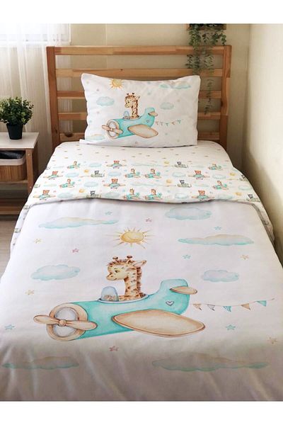 Evmila Set de lenjerie de pat cu o singură față, cu model de girafă, imprimat, alb