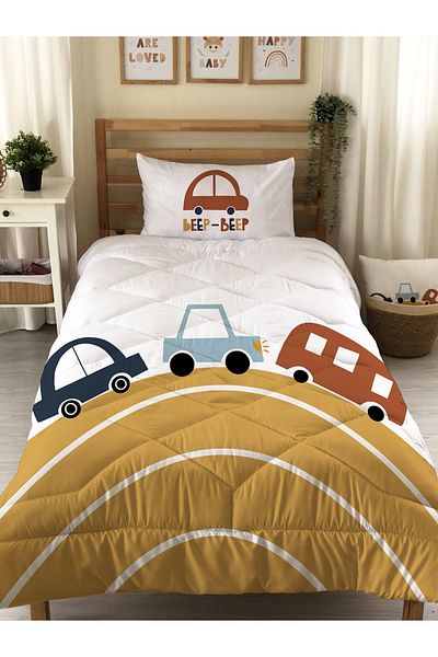 Evmila Car Patterned Quilted Quilt, Single Sleeping Set