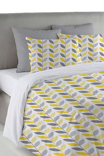 Evmila Set cuvertură de pilota dublă 200x220 cm - model cu frunze galbene și gri, alb