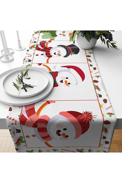 Evmila New Year's Themed Snowman Patterned Velvet Runner