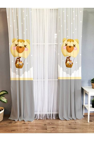Evmila Gray Single Wing Velvet Texture Background Curtain - Flying Balloon with Teddy Bear Pattern and Print