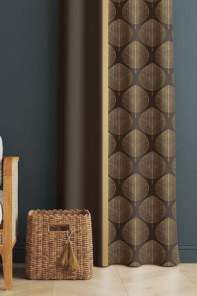 Evmila Printed Yellow Leaf Patterned Living Room and Bedroom Single Wing Velvet Texture Background Curtain - Brown