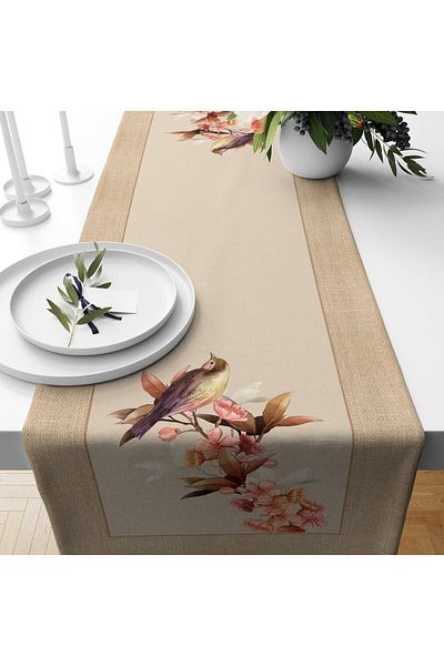 Evmila Bird Patterned Velvet Runner