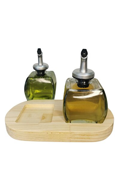 PITRAK PıtrakStore - Transparent Olive Oil Set of 2 with Wooden Stand 150ml Sauce Bowl Oil Silver Head