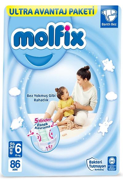 Molfix Baby Diaper Ultra Advantage Package Extra Large Size 6, 86 Count
