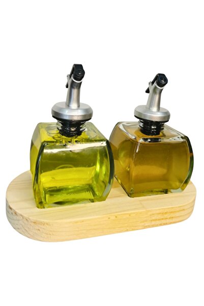 PITRAK PıtrakStore - Transparent Olive Oil Set of 2 with Wooden Stand 150ml Sauce Bowl Oil Silver Head