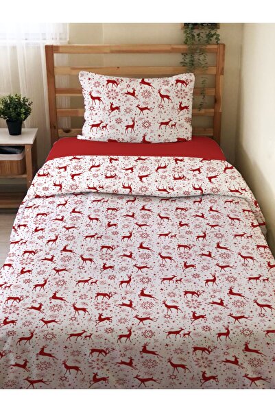 Evmila Çift Taraflı Yılbaşı Özel Geyik Desenli Çarşafsız 2'li Takım Baskılı T...