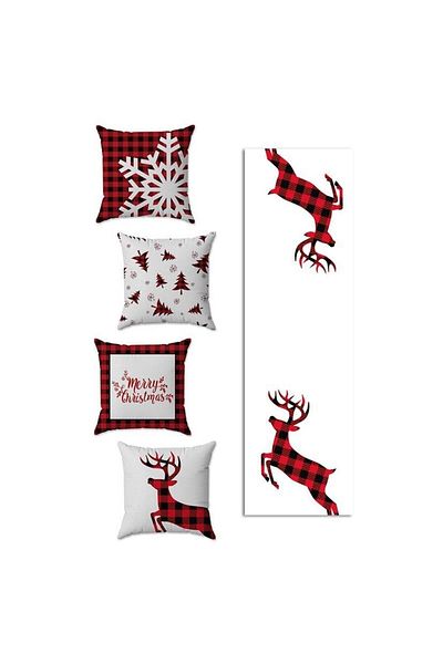 Evmila New Year's Themed 4-Piece Throw Pillow Cover and Runner 5-Piece Set