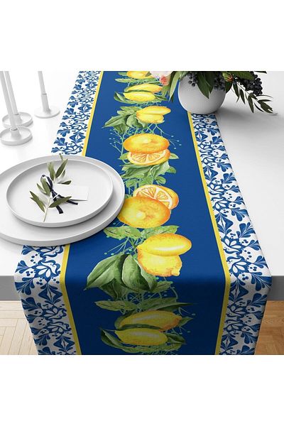 Evmila Blue Gingham Lemon Pattern Velvet Runner