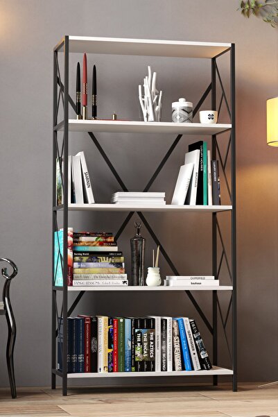 Cosargroup Dekoratif 5 Raflı Kitaplık Geniş Metal Kitaplık Market Rafı Mağza Rafı 90x180cm Beyaz