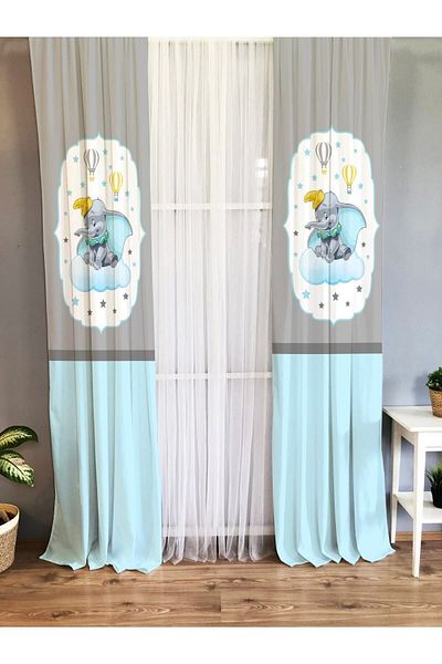 Evmila Printed Cloud Elephant Patterned Single Wing Velvet Texture Background Curtain - Gray