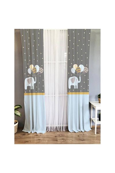 Evmila Children's Room - Elephant Patterned Background Curtain
