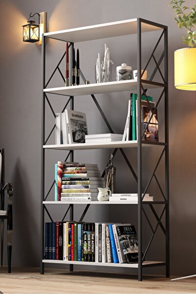 Cosargroup Dekoratif 5 Raflı Kitaplık Geniş Metal Kitaplık Market Rafı Mağza Rafı 90x180cm Beyaz