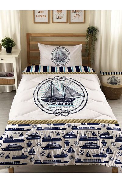 Evmila Ship Patterned Quilted Quilt, Single Sleeping Set
