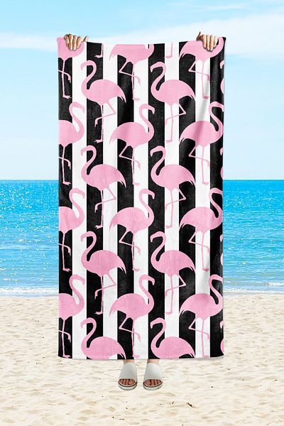 Evmila EVMİLA Flamingo Pattern - Πετσέτα θαλάσσης και παραλίας, ασπρόμαυρη ριγέ