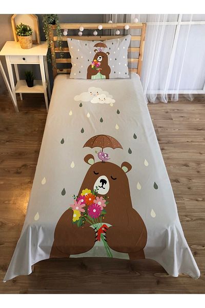 Evmila Bear Patterned Single Velvet Bedspread -grey