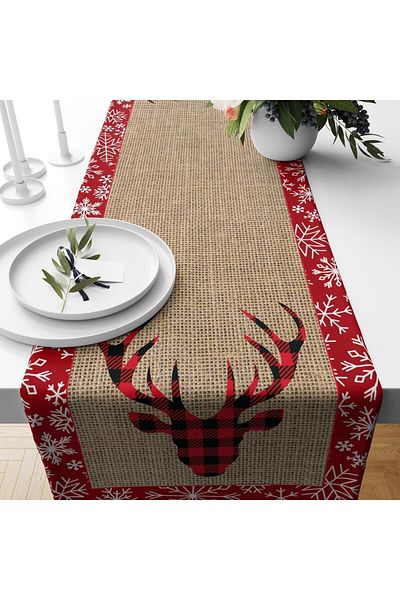 Evmila Christmas Themed Velvet Runner with Deer Pattern