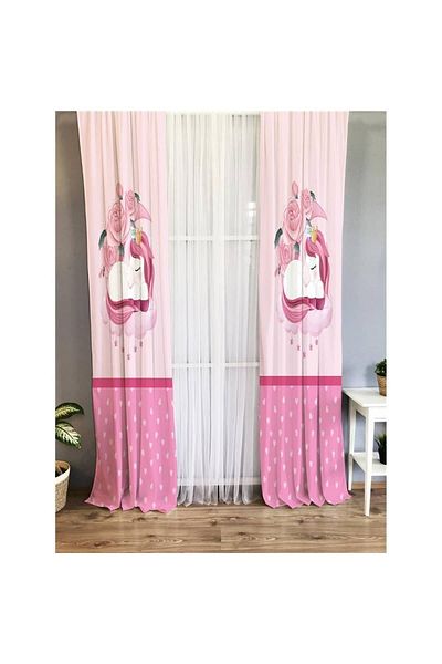 Evmila Flower And Unicorn Patterned Children's Room Velvet Background Curtain