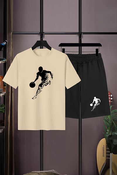MYADA Set pentru copii, cu gât crew, pantaloni scurți elastic, cu imprimeu pentru jucător de baschet, set de 2 piese 20562