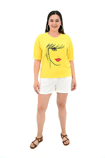 Koza Butik Large Size Face Printed Women's T-shirt - 1788-25