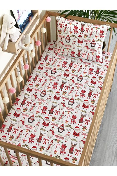 Evmila Yılbaşı Tema Noel Baba Desen Baskılı Bebek Boy Lastikli Çarşaf Seti