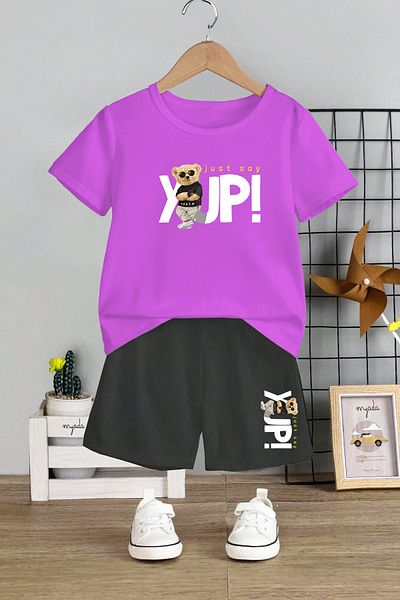 MYADA Crew Neck Yuppi Teddy Bear with Elastic Shorts - Printed 2-Piece Kids Set 11109