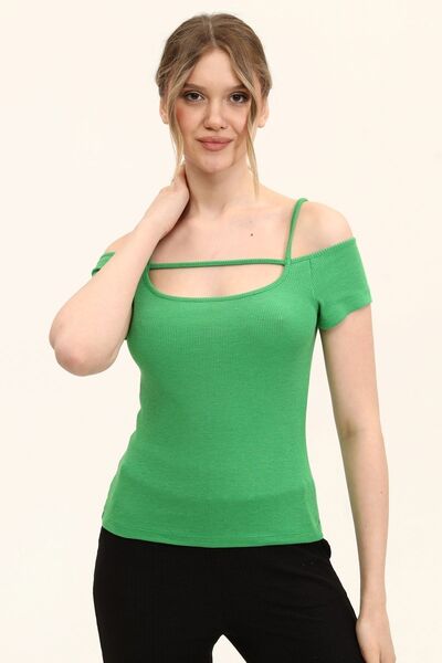KİM Kİ O Women's Benetton Colorful Front Piping Detail Back Strap Short Sleeve Knitted Blouse