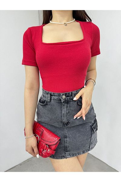 kozzy Fitted/Body Fitted Square Neck Short Sleeve Cotton Camisole Long Blouse Red (Bust Double Layer)