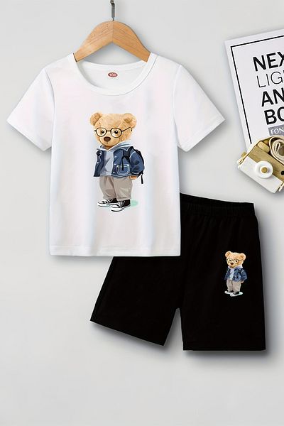 MYADA Teddy Bear Printed Children's Set - Crew Neck, Elastic Shorts, Set of 2 20557