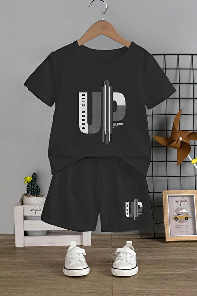 MYADA Set pentru copii imprimat Never Give Up - Gât crew, pantaloni scurți el...