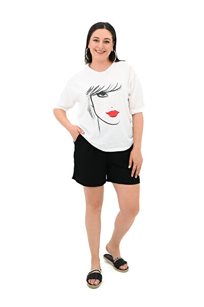 Koza Butik Γυναικείο T-shirt με στάμπα προσώπου μεγάλου μεγέθους - 1788-25