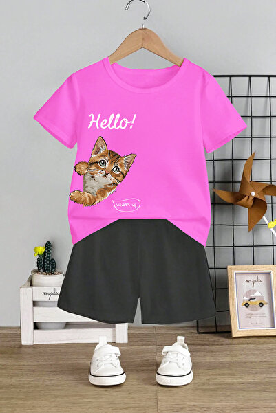MYADA Set 2 piese pentru copii cu imprimeu Hello Kitten - Guler rotund și pan...