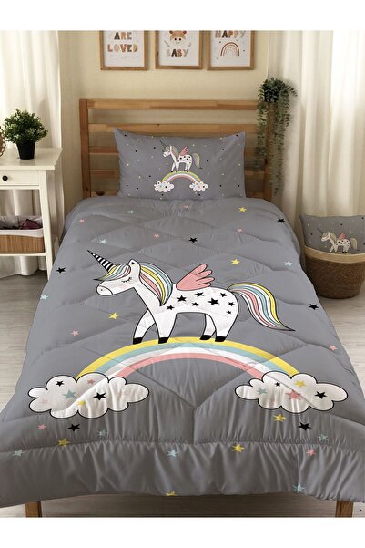 Evmila Rainbow and Unicorn Patterned Quilted Quilt, Decorative Bedspread