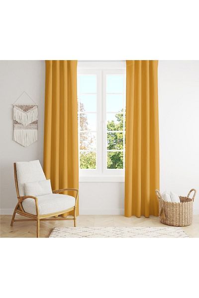Evmila Velvet Texture Printed Mustard Colored Background Curtain