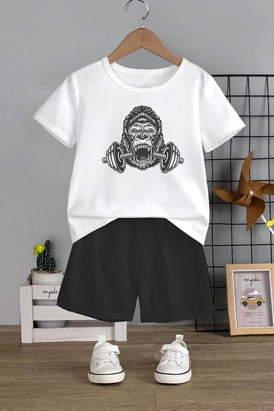 MYADA Set pentru copii cu gât crew și pantaloni scurți elastic cu imprimeu Gorilla - 12482