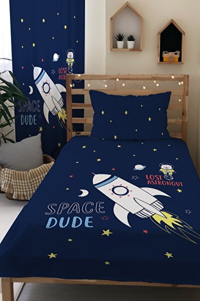 Evmila Roket Desenli Kadife Dekoratif Çocuk Yatak Örtüsü