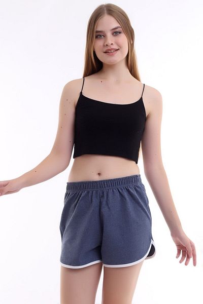 kozzy Pantaloni scurți casual mini sport Indigo pentru femei, cu țevi pe laterale