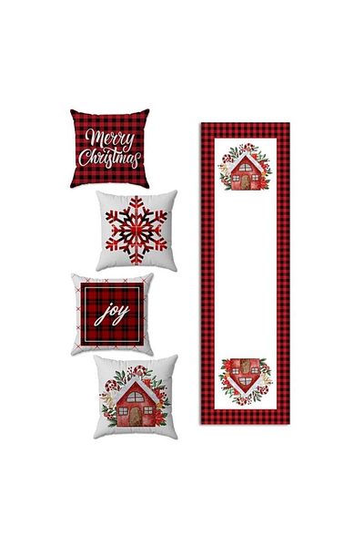 Evmila New Year's Themed 4-Piece Throw Pillow Cover and Runner 5-Piece Set