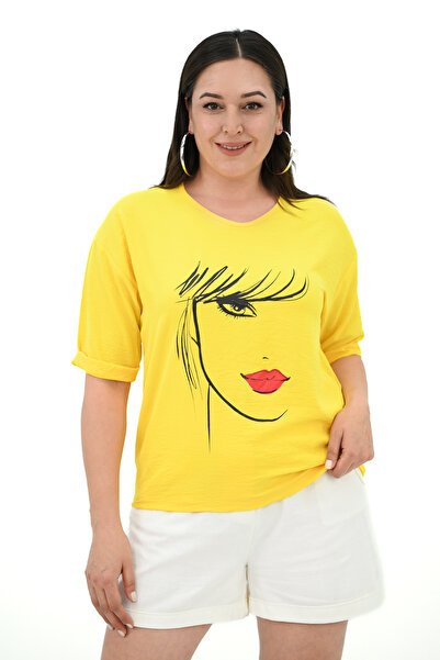 Koza Butik Large Size Face Printed Women's T-shirt - 1788-25