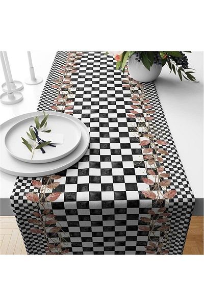 Evmila Runner din catifea cu model Gingham negru