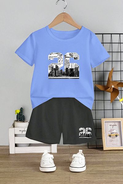 MYADA Set 2 piese cu imprimeu City 26 - Set pentru copii cu decolteu rotund și pantaloni scurți elastici 11227
