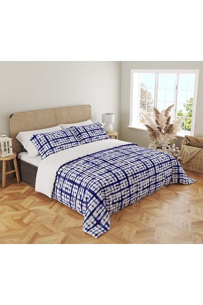 Evmila Set cuvertură de pilota dublă 200x220 Cm cu model în carouri albastre - alb