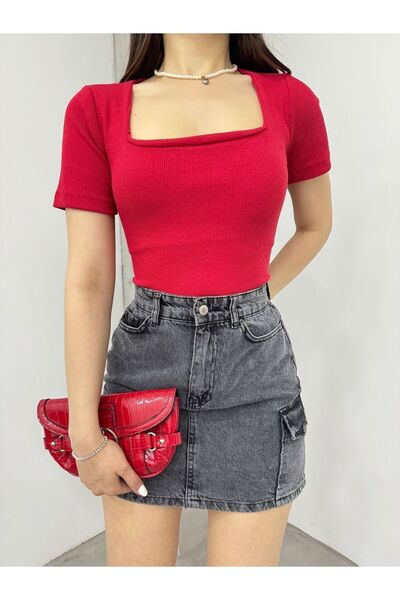 kozzy Fitted/Body Fitted Square Neck Short Sleeve Cotton Camisole Long Blouse Red (Bust Double Layer)