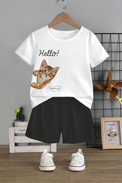MYADA Hello Kitten Printed 2-Piece Kids Set - Crew Neck and Elastic Shorts 11106