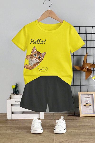 MYADA Hello Kitten Printed 2-Piece Kids Set - Crew Neck and Elastic Shorts 11106