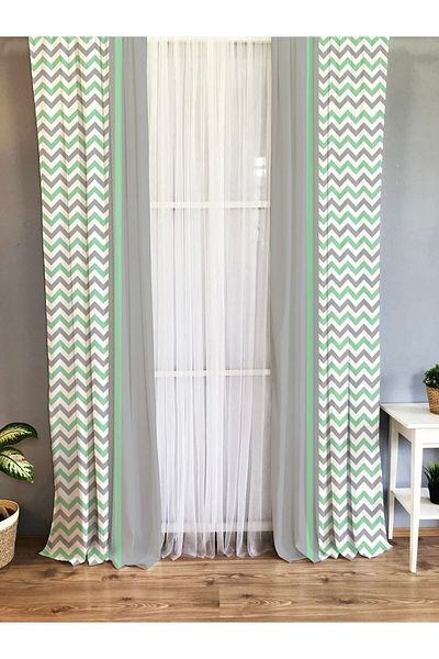 Evmila Printed Zigzag Patterned Single Wing Velvet Texture Background Curtain - Gray and Green