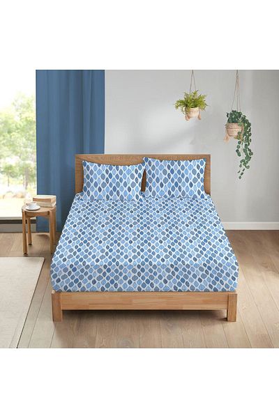 Evmila Set cearșaf dublu 160x200 cm imprimat cu model frunze - albastru
