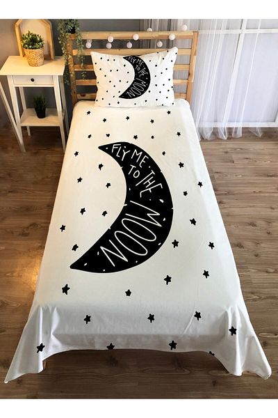 Evmila Black Moon Patterned Single Velvet Bedspread - white